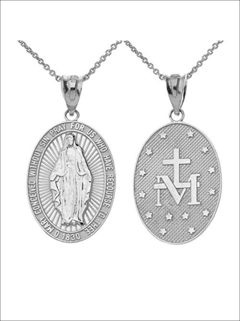 Sterling Silver Miraculous Medal Charm Pendant Necklace with Rolo Chain